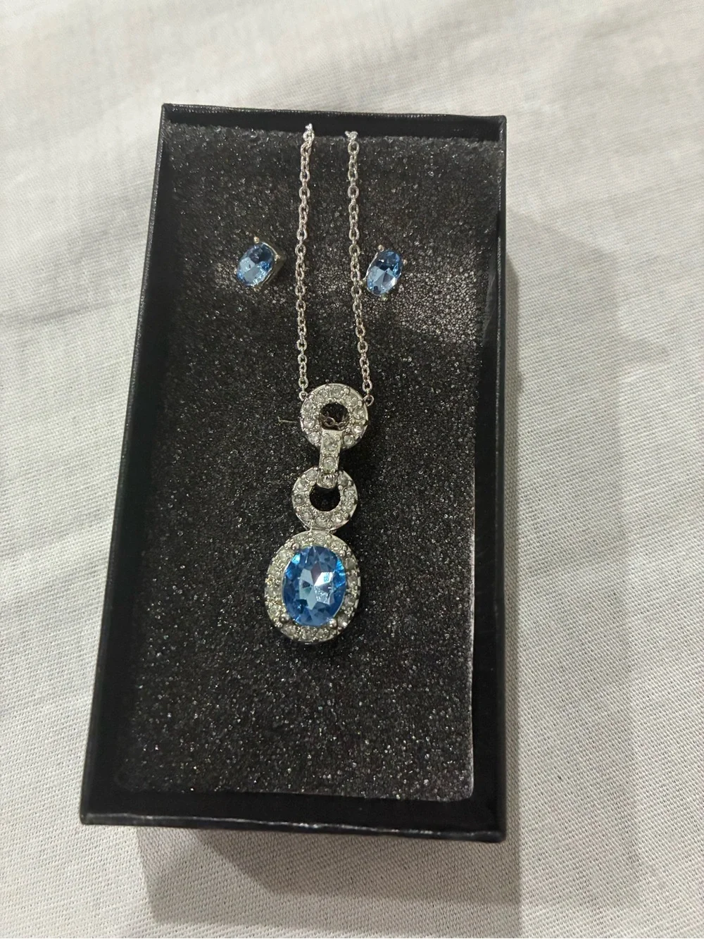 Silver Necklace and Earrings Set with Blue Crystal Pendant